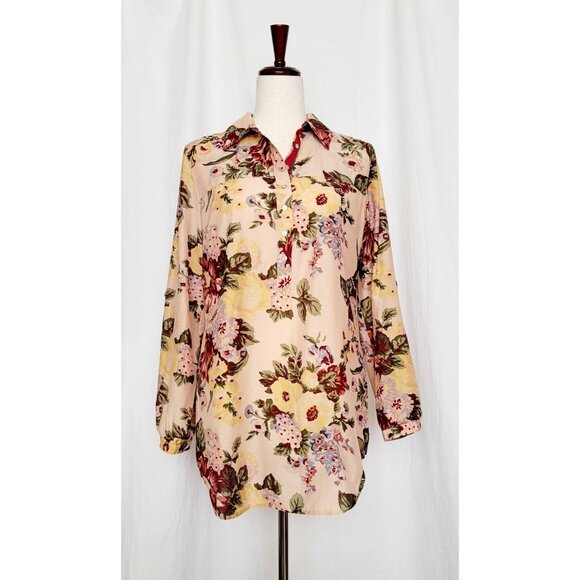 Soft Surroundings Red Pink Floral Long Sleeve Blouse Silk Blend Size S - Picture 1 of 11